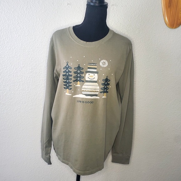 LIFE IS GOOD green cotton long sleeve "SNOWMAN" Tshirt womens Large - Picture 1 of 4
